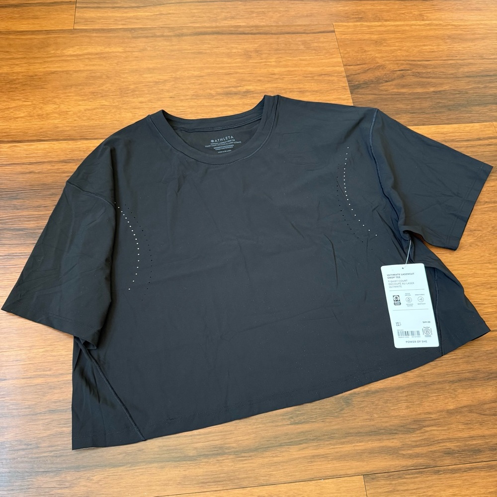 Athleta Ultimate Lasercut Black Cropped Perforated Tee